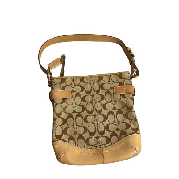 Coach Women's Signature Jacquard Buckled Canvas Leather Shoulder Handbag Tan - Picture 1 of 6